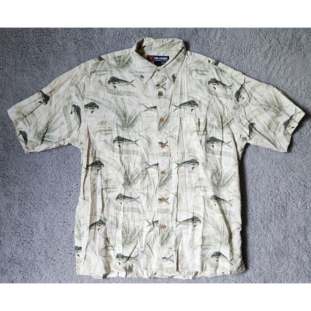 Reel Legends Beige Mahi Mahi Fish Print Short Sleeve Button Up‎ Shirt Size Large